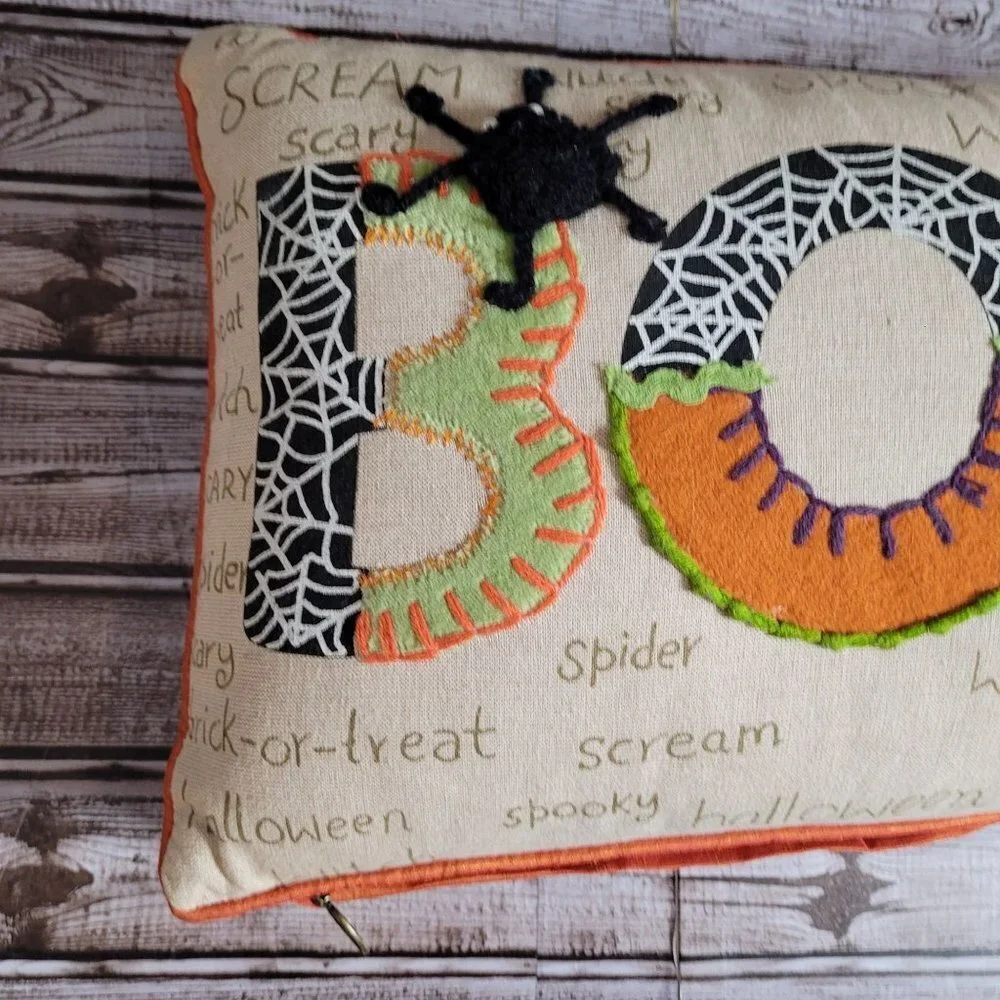 Pier 1 Halloween Boo spellout Spider Multi material pillow 17x11